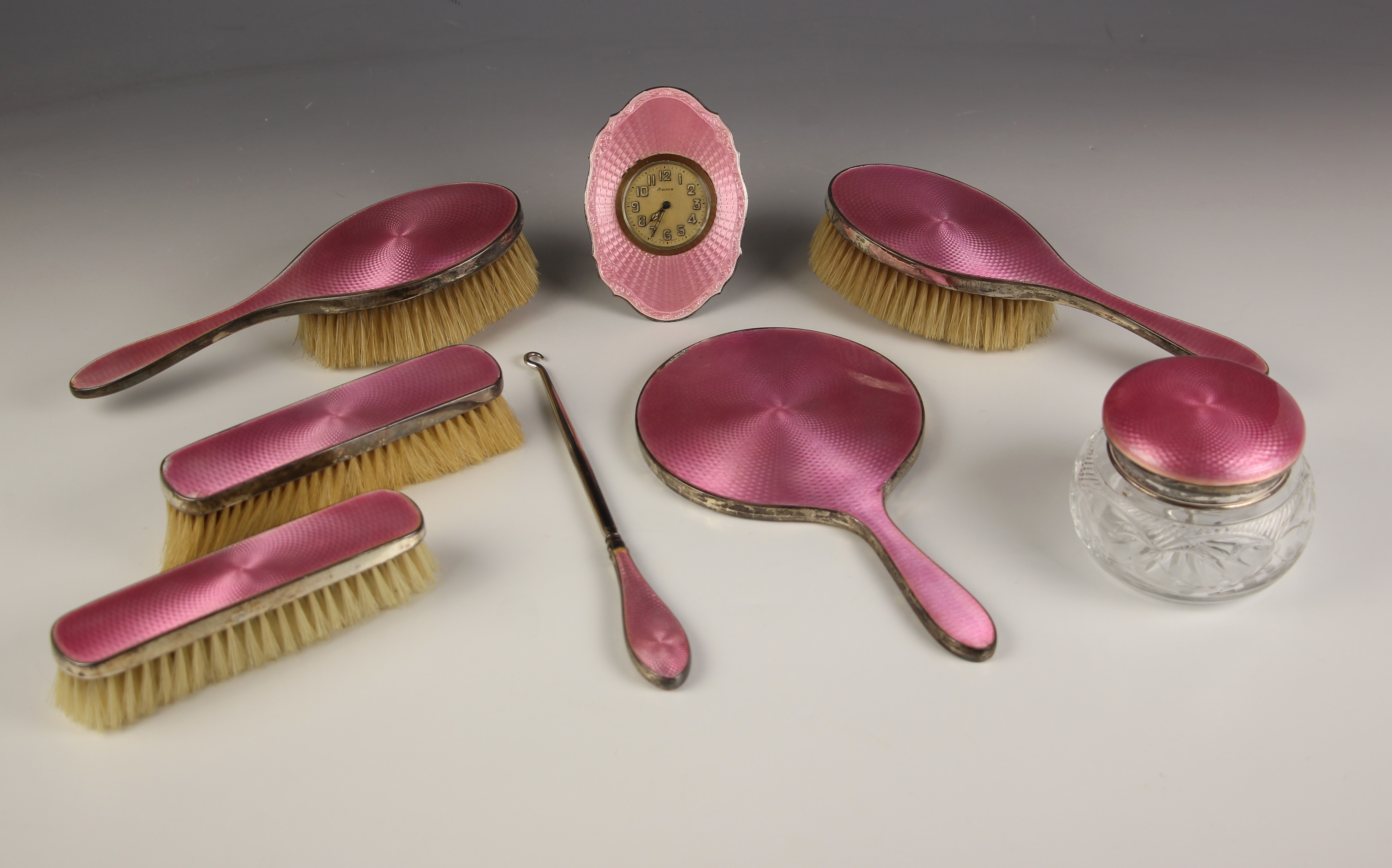 A George V silver and enamel dressing table set, possibly Henry Matthews, Birmingham, date mark