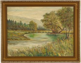Impressionist school (20th century), A river landscape with trees and wildflowers, Oil on board,