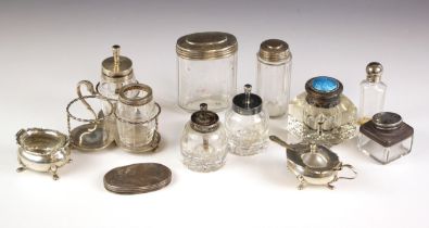 A selection of silver mounted table and vanity items, including a George V silver mounted open salt,