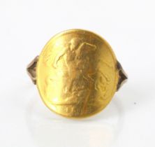 A Victorian half sovereign mounted ring, dated 1898, mounted upon associated yellow metal shank,