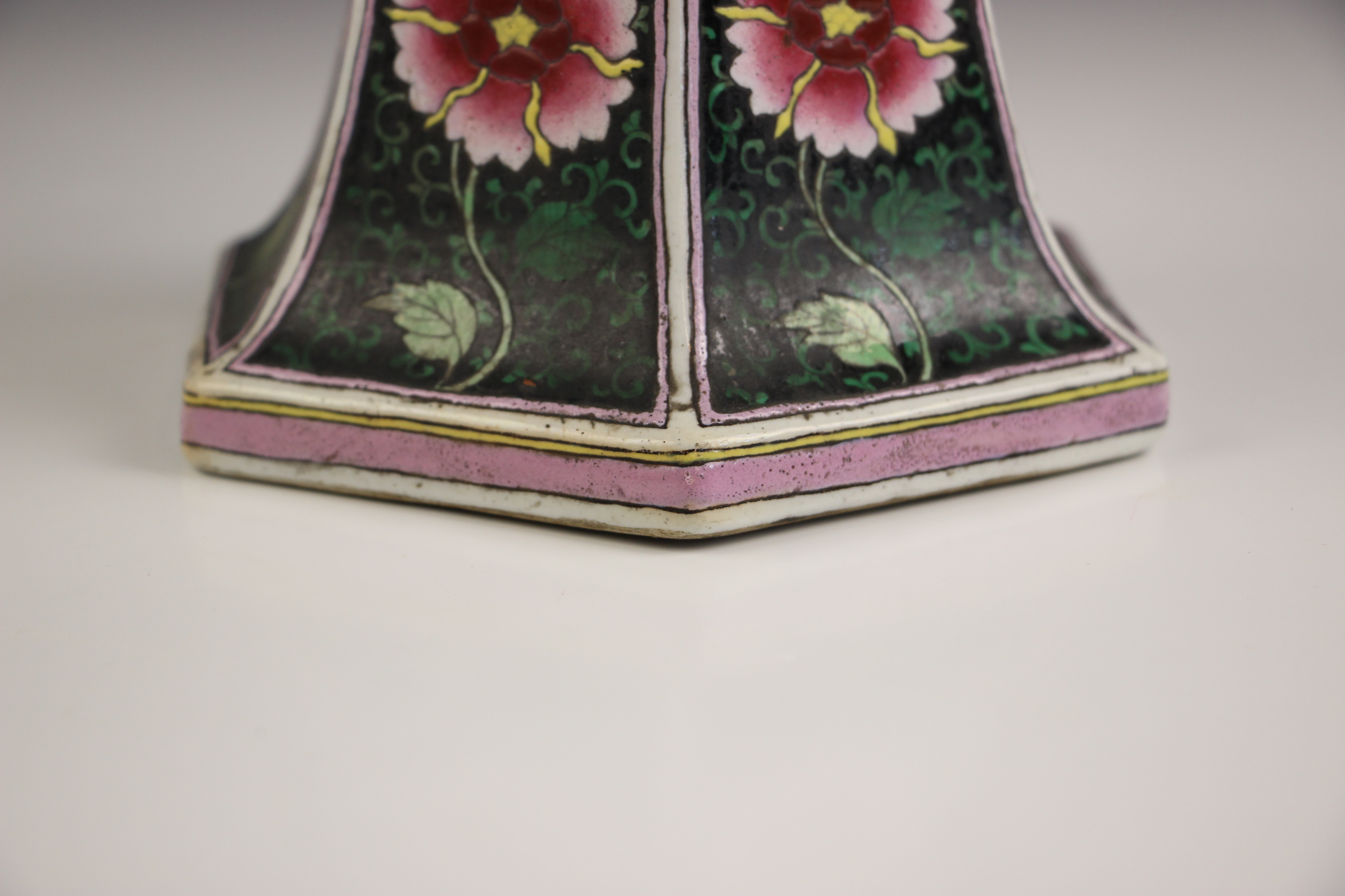 A Chinese porcelain famille noir Gu vase, 19th century, of flared hexagonal form with ogee shaped - Image 11 of 11