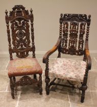 A 17th century style carved walnut open armchair, 19th century, with interlaced openwork foliate