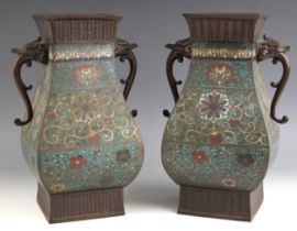 A pair of large Chinese bronze and cloisonne Archaic type vases, 19th century, of baluster square