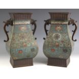 A pair of large Chinese bronze and cloisonne Archaic type vases, 19th century, of baluster square