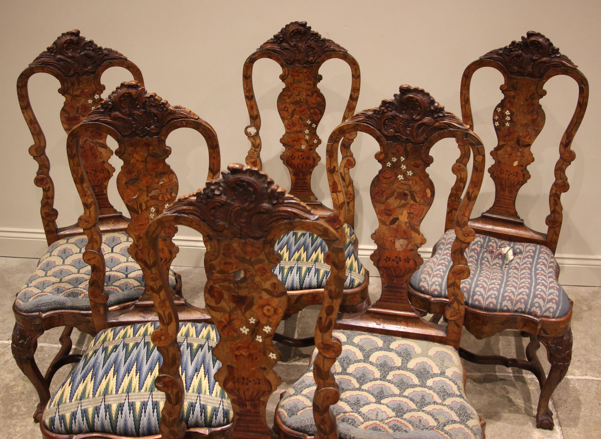 A set of six Dutch marquetry walnut dining chairs, mid 18th century, each with a - Image 2 of 15