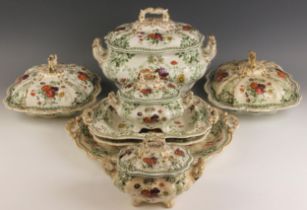 An English ceramic part dinner service in the 'Emerald Flowers' pattern, mid 19th century, each