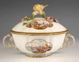 A German porcelain ecuelle and cover, circa 1860, of lobed form with ozier moulded body,
