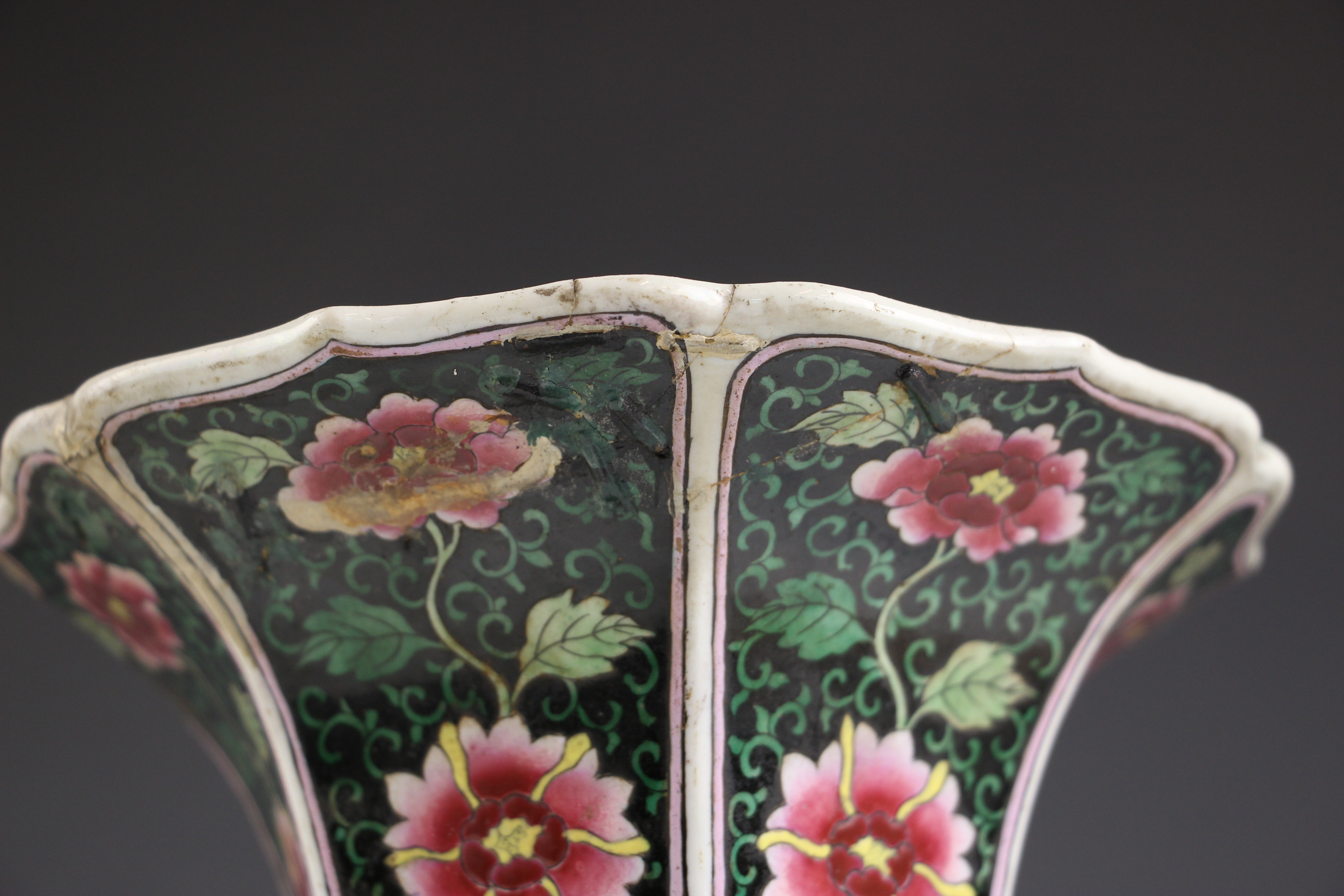 A Chinese porcelain famille noir Gu vase, 19th century, of flared hexagonal form with ogee shaped - Image 6 of 11