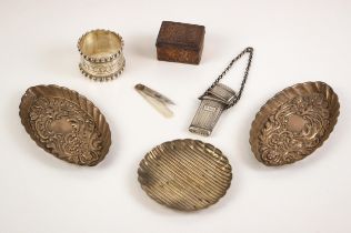 A selection of silver and silver coloured items, including a Victorian silver card tray,
