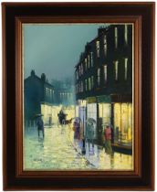 Barry Hilton (British, b.1941), An evening street scene with illuminated shop fronts, Oil on canvas,
