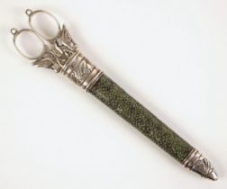 A pair of 19th century shagreen cased scissors, the scissor handles and shanks designed as