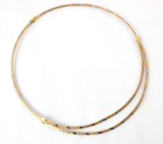 A tri-coloured yellow metal necklace, the central double strand designed as square flat links