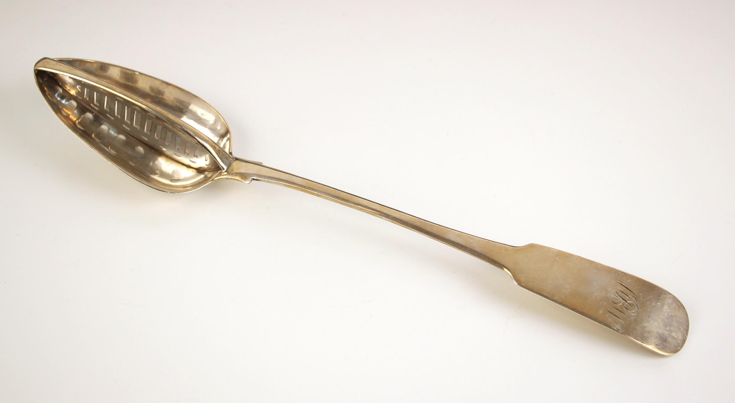 An Irish silver fiddle pattern straining spoon, Richard Sawyer, Dublin 1837, the bowl of the spoon