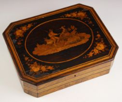 An early 19th century Sorrento ware marquetry work box, of rectangular form with canted corners, the