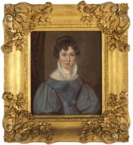 English school (19th century), A half length portrait of a lady in blue dress with high lace collar,