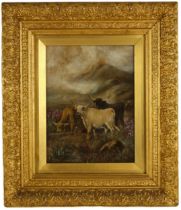Circle of John W Morris (Scottish, 1865-1924), Highland cattle watering in a mountainous