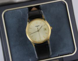 A gold plated gentlemans Longines wristwatch, the circular gold coloured dial with baton markers,