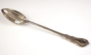 A silver plated Lily pattern straining spoon, possibly Elkington and Co, the bowl of the spoon