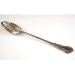 A silver plated Lily pattern straining spoon, possibly Elkington and Co, the bowl of the spoon