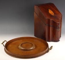 A George III mahogany cutlery box, later converted to a stationery box, of typical sloping