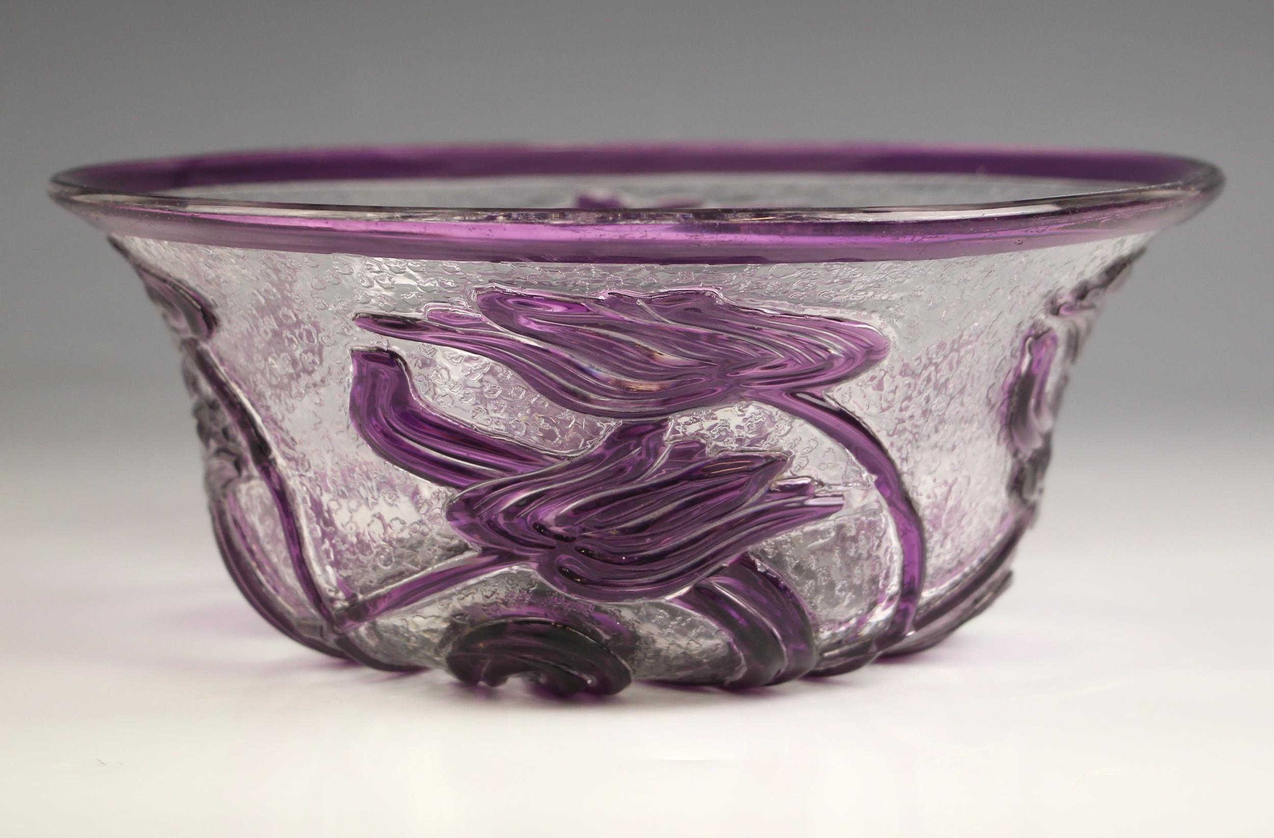 A Webb studio glass purple cameo bowl, of flared circular form with frosted clear glass ground and