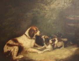 Manner of George Armfield (British, 1808-1893), Spaniels and a terrier in a landscape with barrel,