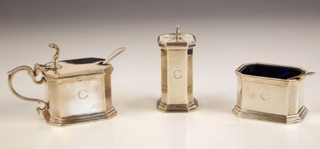 A George VI silver condiment set, Mappin and Webb, London 1938, comprising wet mustard, open salt