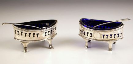 A pair of George III silver open salts, Soloman Hougham, London, rubbed date letter, of navette form