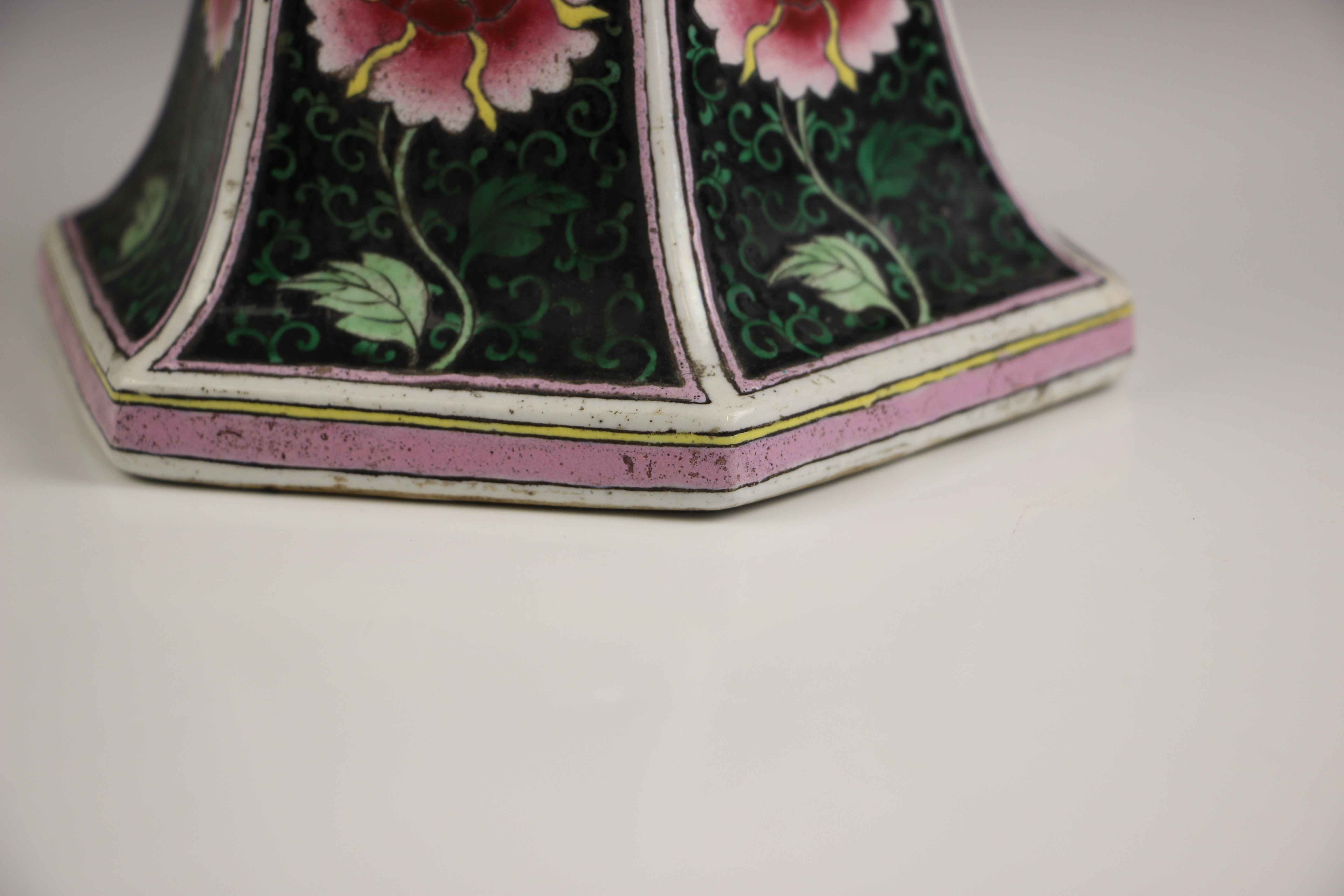 A Chinese porcelain famille noir Gu vase, 19th century, of flared hexagonal form with ogee shaped - Image 9 of 11