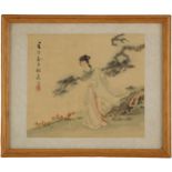 Chinese School (20th century), Gouache on silk, A lady holding a fan in a garden, Signed, Framed and