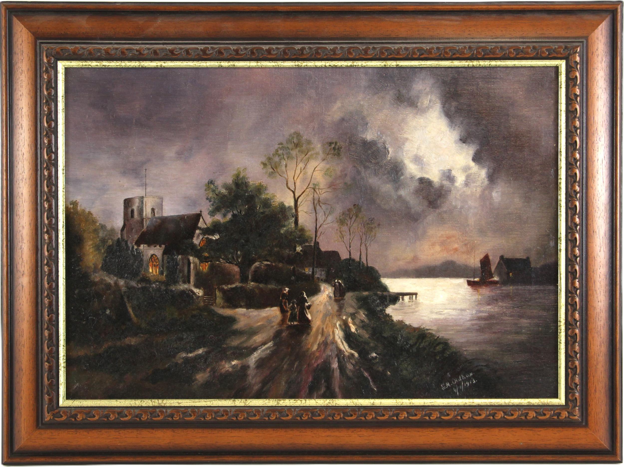 English school (early 20th century), A riverside Church with figures at twilight, Oil on canvas,