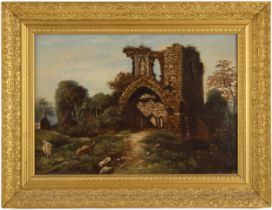 J. Sadler (British school, 19th century), A study of Denbigh Castle with cattle in the foreground,