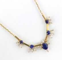 A bespoke untested sapphire and diamond necklace, the five oval cut untested sapphires within a