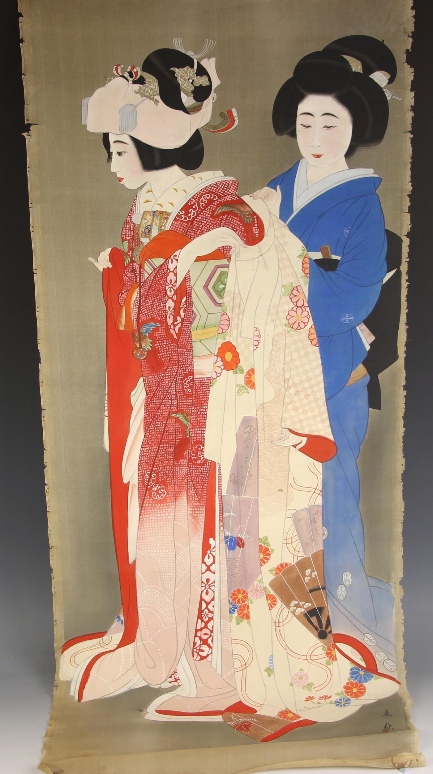 Japanese School (Meiji Period 1868-1912), Gouache on silk, A portrait of a female courtier an her - Image 2 of 2