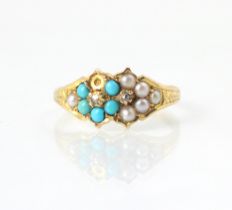 An early 20th century split pearl and turquoise set ring, the five turquoise cabochons within a