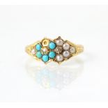 An early 20th century split pearl and turquoise set ring, the five turquoise cabochons within a