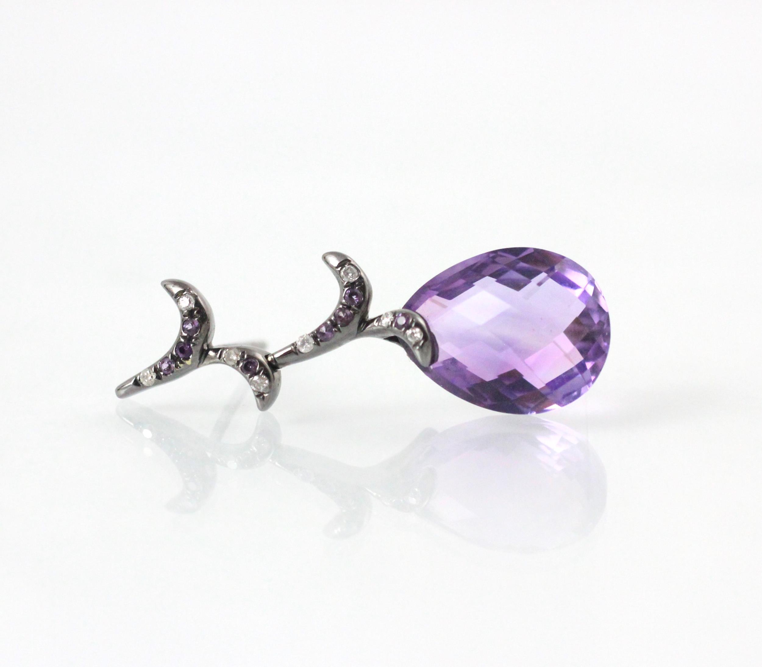 A pair of Edwardian style untested briolette cut amethyst earrings, the stylised foliate studs set - Image 3 of 3