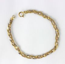 A two tone yellow metal bracelet, the flat link plaited bracelet with bolt ring fastening,
