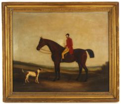 English school (late 19th or early 20th century), A naive study of a mounted huntsman with hound,