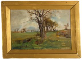 Circle of Sir Alfred Munnings (British, 1878-1959), An oil sketch landscape with trees, Oil on