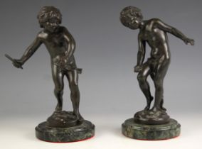 After Auguste Moreau (French, 1834-1917), two bronze figures each modelled as a young boy, one