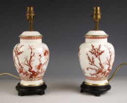 A pair of Indian tree pattern Imari lamp bases, possibly Spode, each of covered baluster vase
