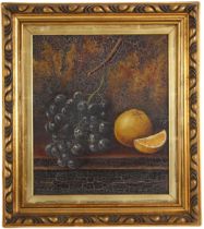 English school (early 20th century), Still life with grapes and orange, Oil on canvas,