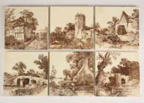 Six Mintons brown printed tiles, late 19th century, each decorated with a waterside landscape scene,