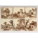 Six Mintons brown printed tiles, late 19th century, each decorated with a waterside landscape scene,