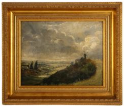 Manner of John Constable (British, 1776-1837), 'A View In Suffolk', an oil sketch of a windmill on a
