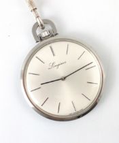 A stainless steel Longines pocket watch, the circular dial with baton marks, set to a plain polished