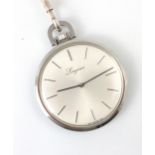 A stainless steel Longines pocket watch, the circular dial with baton marks, set to a plain polished