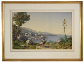 Joseph Contini (Italian, 1827-1900), Figures and a donkey on a coastal path above a town,