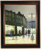 Barry Hilton (British, b.1941), An evening street scene with street lamp and illuminated shop